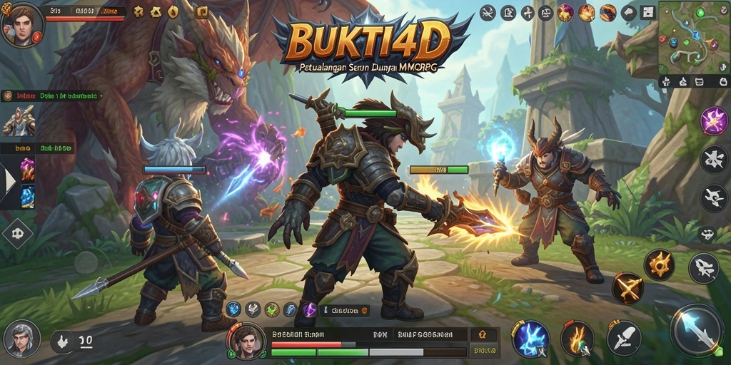 Tampilan gameplay epik di dunia MMORPG BUKTI4D dengan karakter yang berinteraksi.
