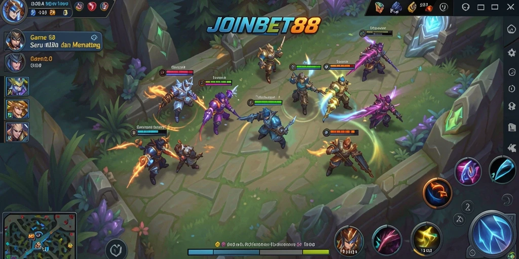Screenshot gameplay JOINBET88 menampilkan aksi pertempuran MOBA yang seru.