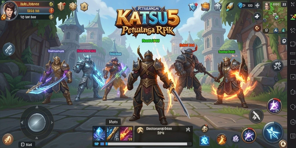 Screenshot gameplay KATSU5 menampilkan pertarungan epik di dunia fantasi.