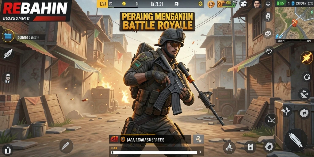 Tampilan gameplay REBAHIN yang intens dalam pertempuran Battle Royale.