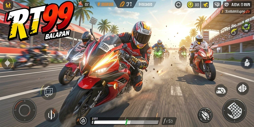 Screenshot gameplay RT99 menampilkan aksi balapan motor yang mendebarkan.