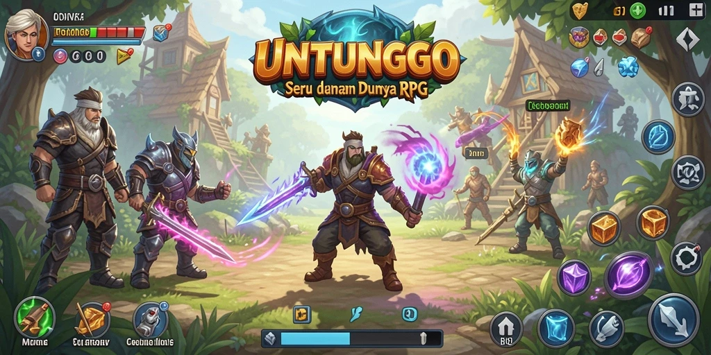Screenshot utama UNTUNGGO menampilkan aksi pertempuran seru di dunia RPG.